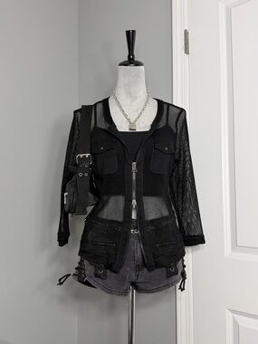 Y2K Bianca Black Fishnet Mesh 3/4 Sleeve Double Zipper Jacket